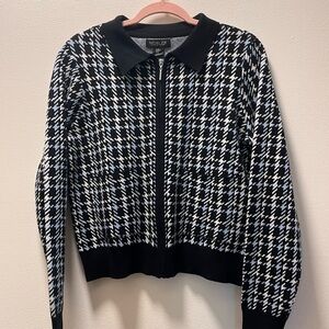 Rachel Zoe Classic Stylish Houndstooth Zip Cardigan, Med, Black/White, Ice Blue